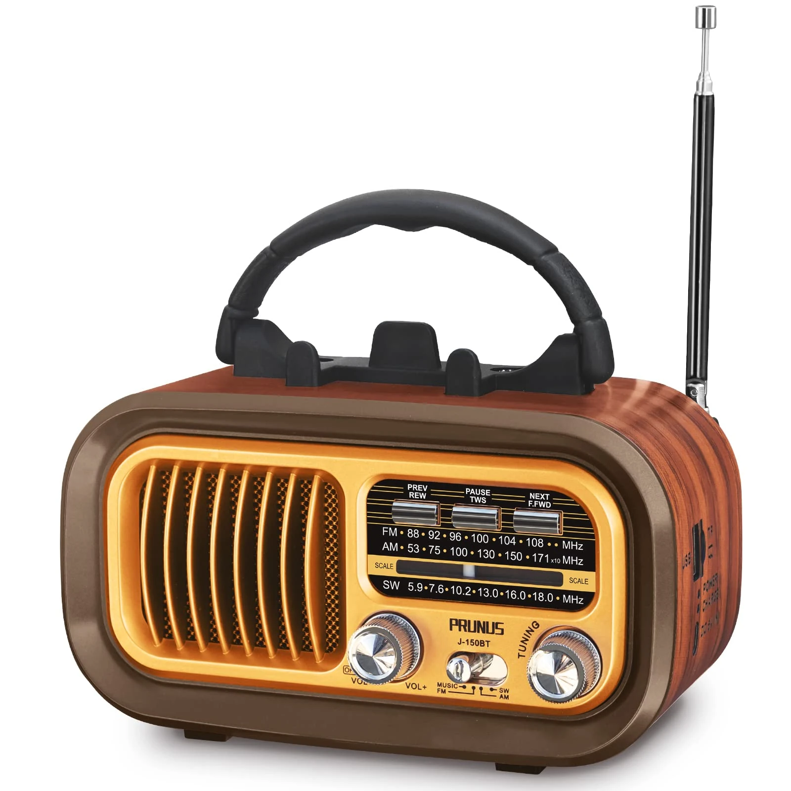 PRUNUS J-150 Portable Radio Retro, AM/FM/SW Small Radios Bluetooth, Transistor Battery Radios Powered by 1200mAh Rechargeable or D-Cell Batteries, Vintage Radio Supports USB/TF