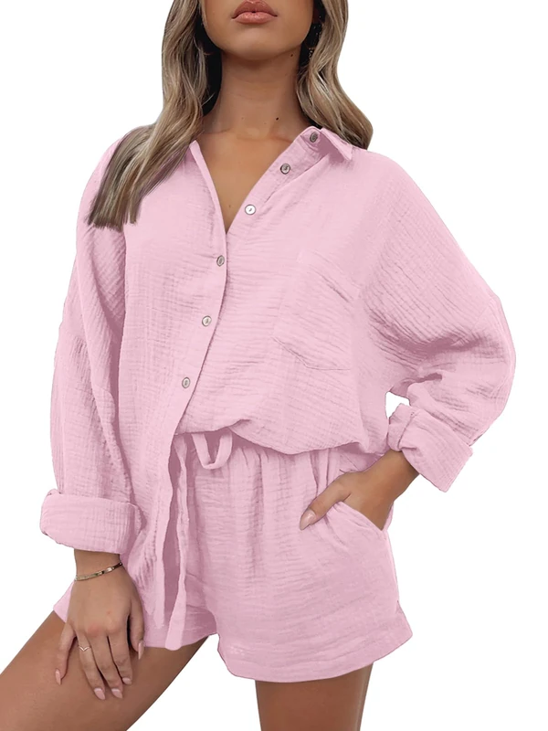 AUTOMET 2 Piece Outfits For Women Lounge Sets Pajama Sets Long Sleeve Button Down Oversized Shirts And Shorts Fall Tracksuit, Pink, Medium