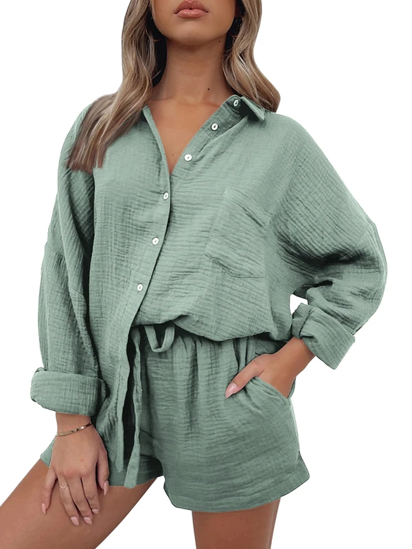 AUTOMET 2 Piece Outfits For Women Lounge Sets Pajama Sets Long Sleeve Button Down Oversized Shirts And Shorts Fall Tracksuit, 01green, M