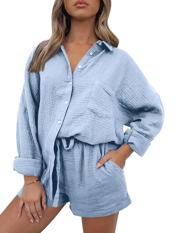 AUTOMET 2 Piece Sets For Women Lounge Wear Matching Two Piece Pajama Fashion Oversized Shirts And Shorts Spring Outfit 2025, 01skyblue, L - Image 1