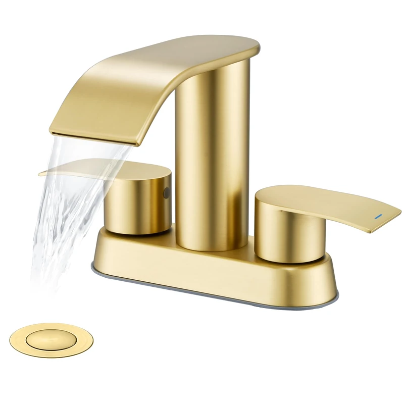 Waterfall Bathroom Sink Faucet Brushed Gold, Two Handles Bathroom Faucet with Metal Pop up Sink Drain Stopper, Single Hole Or 3 Holes Bathroom Basin Lavatory Mixer Tap with Deck Mount Plate