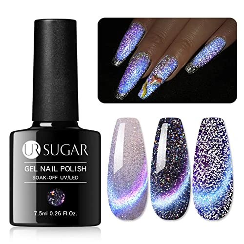 UR SUGAR Reflective Glitter Cat Magnetic Eye Gel Nail Polish Set, Purple Reflective Glitter Magnetic Sparkling Shimmery Diamond Soak Off U V Gel Nail Varnish Manicure Gifts Set for Women