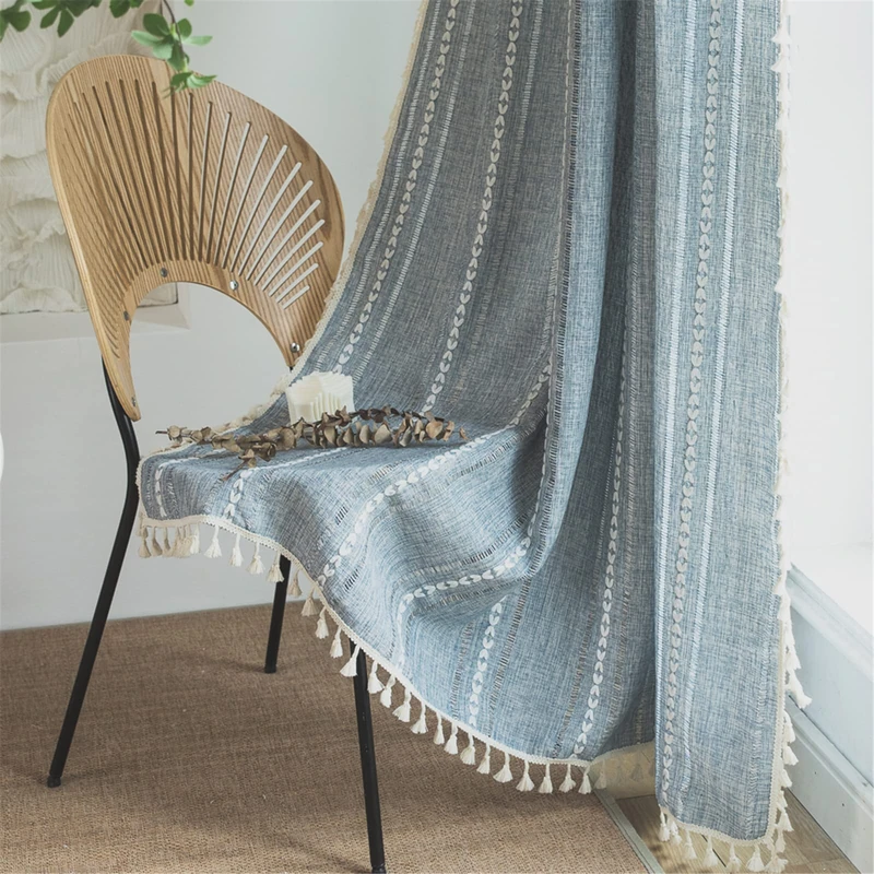 Sutuo Home Blue Boho Curtains for Bedroom Living Room, Semi-Blackout French Country Striped Linen Vintage Shabby Chic Tassels Hollow Window Treatment Bohemian Drape, 1 Panel 52" W x 96" L - Image 1