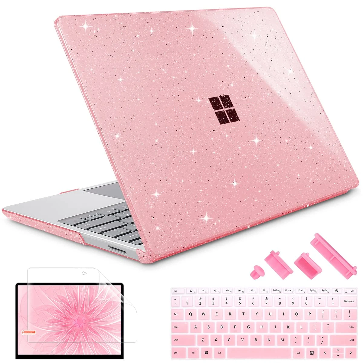 Lepeoac Compatible with 12.4 inch Microsoft Surface Laptop Go 3 Go 2 Go 1 Models: 1943 2013（2023 2022 2020 Release, Plastic Hard Shell Case with Keyboard Cover & Screen Protector, Sparkly Pink
