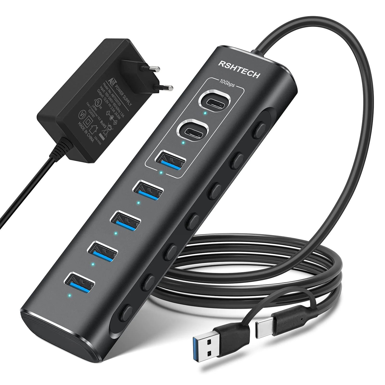 "RSHTECH 7-Port USB C 3.2 Hub Aktiv mit 3 * 10Gbps USB 3.2-Port (2*Typ-C, 1*Typ-A), 4 * 5Gbps USB 3.0-Port, 1m Datenkabel, 24W Netzteil, Aluminium USB 3.0 3.1 Hub, RSH-A107C"