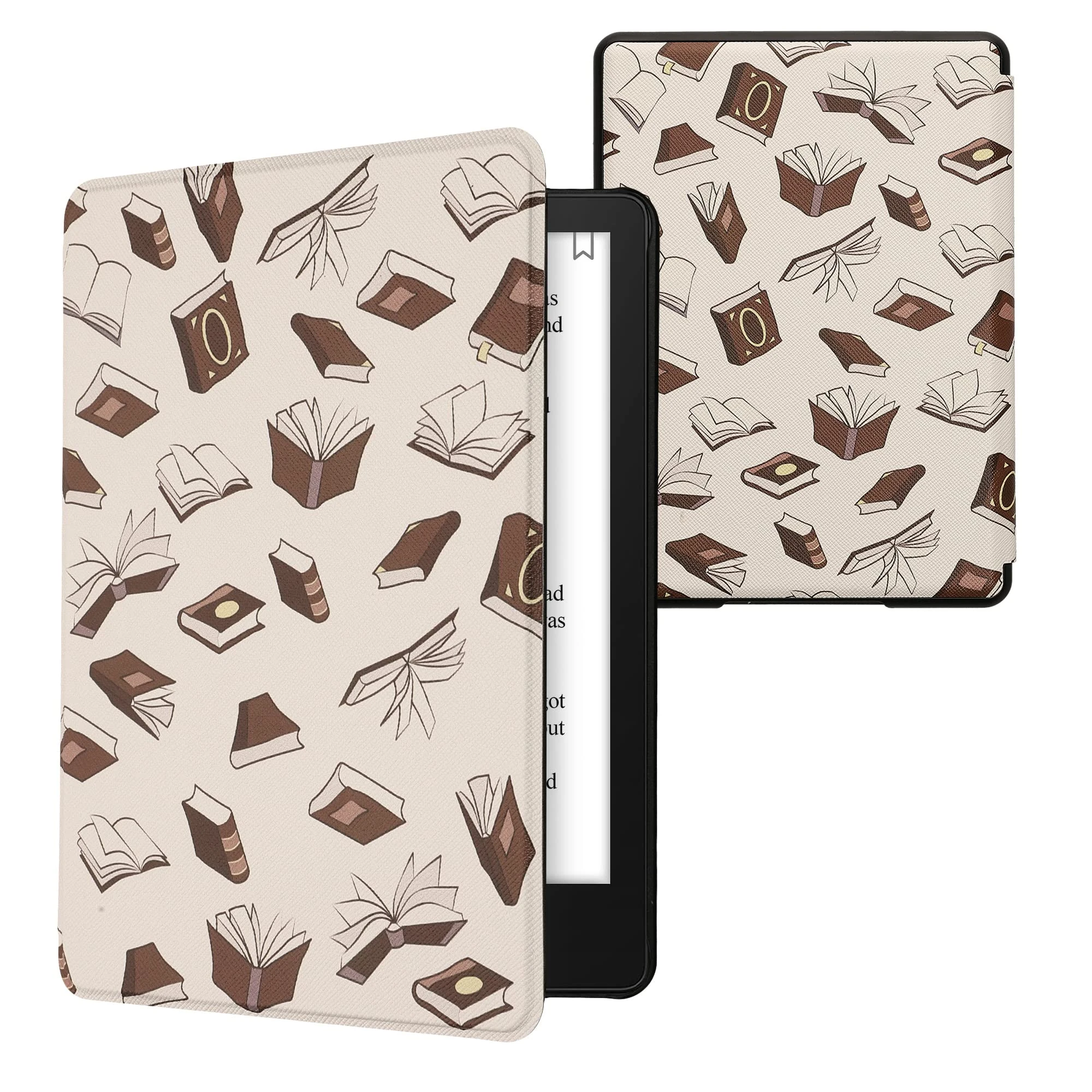 Kwmobile Case Compatible with Amazon Kindle Paperwhite 11 Generation 2021 - PU Cover with Magnet - Books and Pages Beige/Brown/Gold