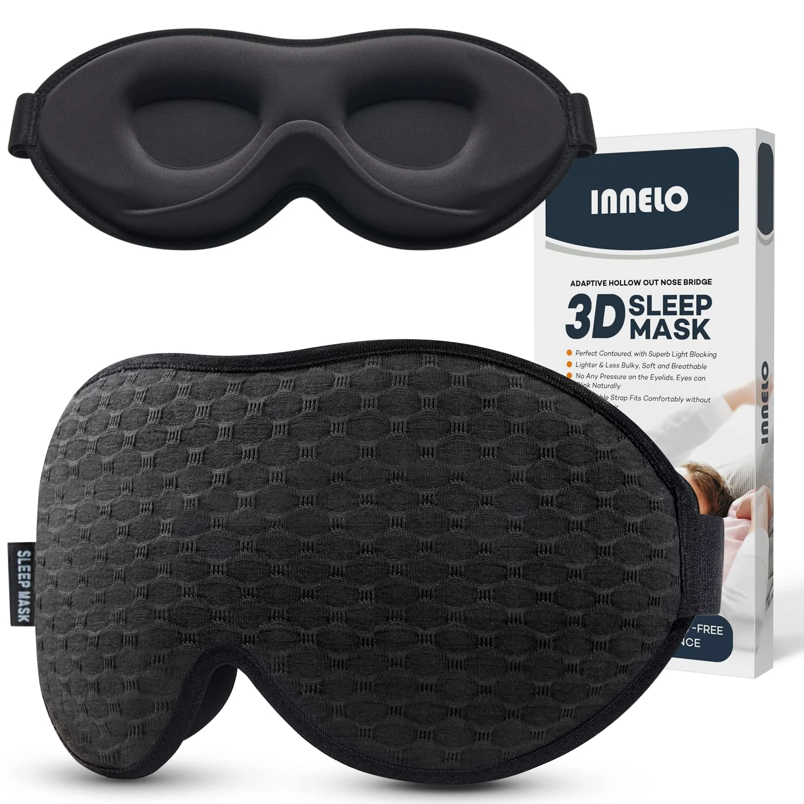 INNELO Sleep Mask, 2024 Soft Comfortable Light Blocking Eye Mask for Sleeping for Men Women, 3D Contoured Breathable Sleeping Mask No Pressure for Sleeping Travel Nap Insomnia (Black)