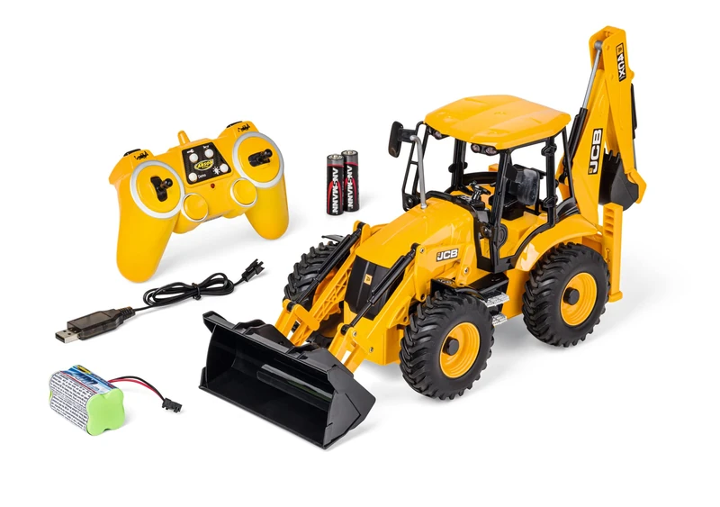 Carson 500907668 1:20 Backhoe Loader JCB 2.4G 100% RTR - Remote Controlled Construction Vehicle for Children from 8 Years, RC Excavator with Functions, Includes Batteries and Remote Control, Yellow