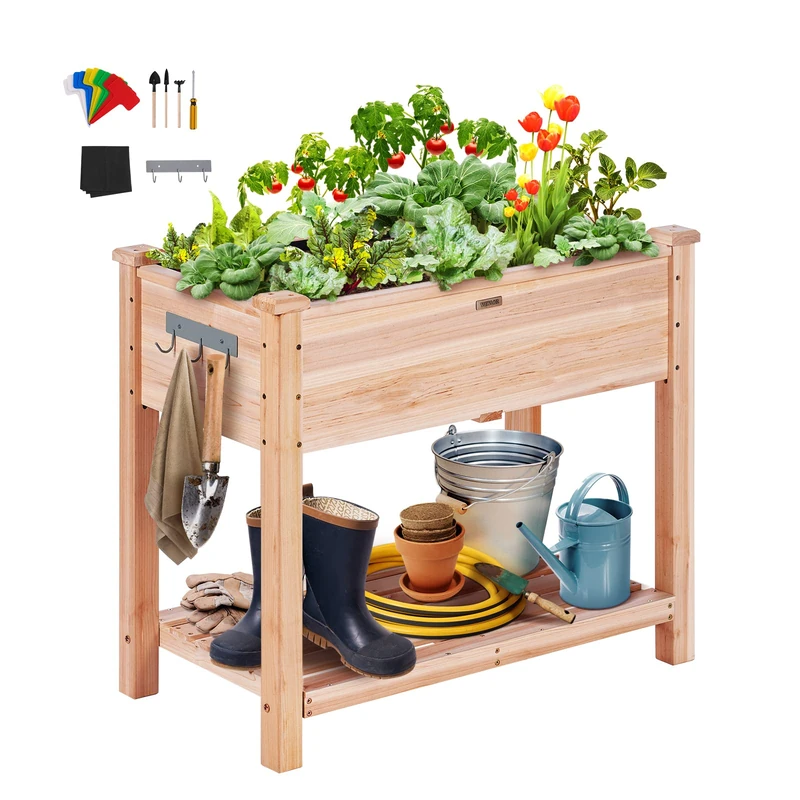 VEVOR Raised Garden Bed, 33.9 x 18.1 x 30 inch Wooden Planter Box, Elevated Outdoor Planting Boxes with Legs, for Growing Flowers/Vegetables/Herbs in Backyard/Garden/Patio/Balcony, Burlywood - Image 1