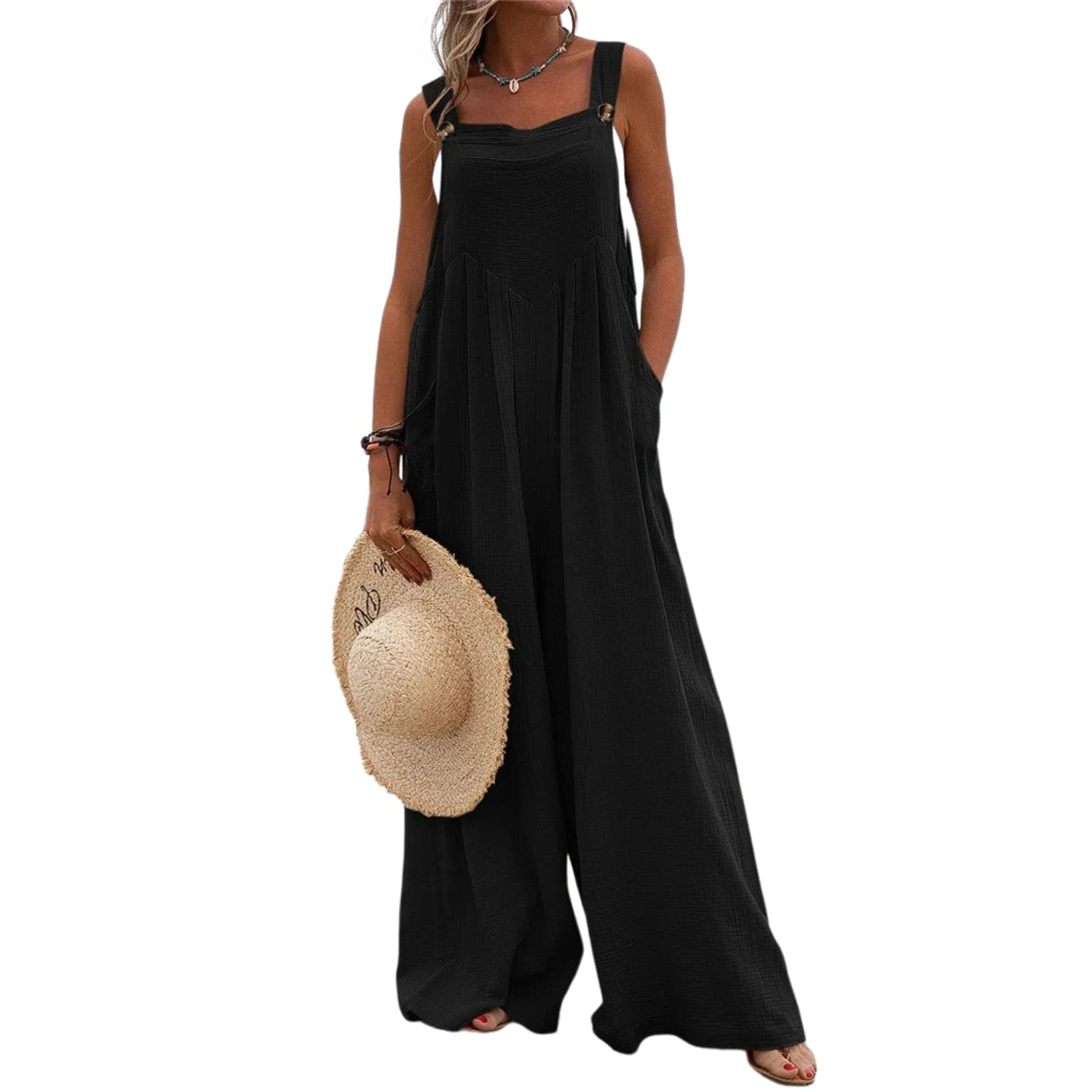 Runstarshow Womens Overalls Casual Loose Dungarees Ladies Jumpsuits UK Romer Oversized Women Wide Leg Playsuit with Pockets Solid Color Plus Size 8-26 Summer Trousers Pants Black