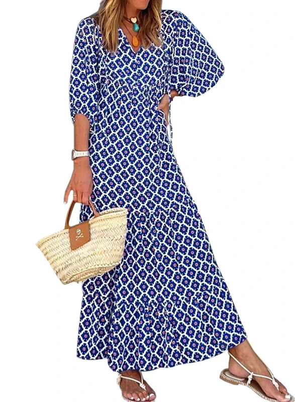 MIDUO Womens Loose Fit Casual Summer V Neck Half Sleeve Bohemian Geometric Pattern Maxi Long Dresses, A Blue 06, L