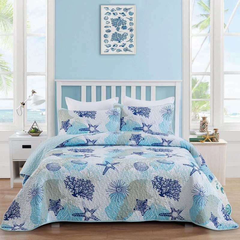 Dinjoy Coastal Quilt Set King Size, Blue Ocean Beach Themed Bedding Set Coral Seashell Conch Starfish Pattern Microfiber Lightweight Summer Bedspread Coverlet Bed Set All Season (104x90 Inch)