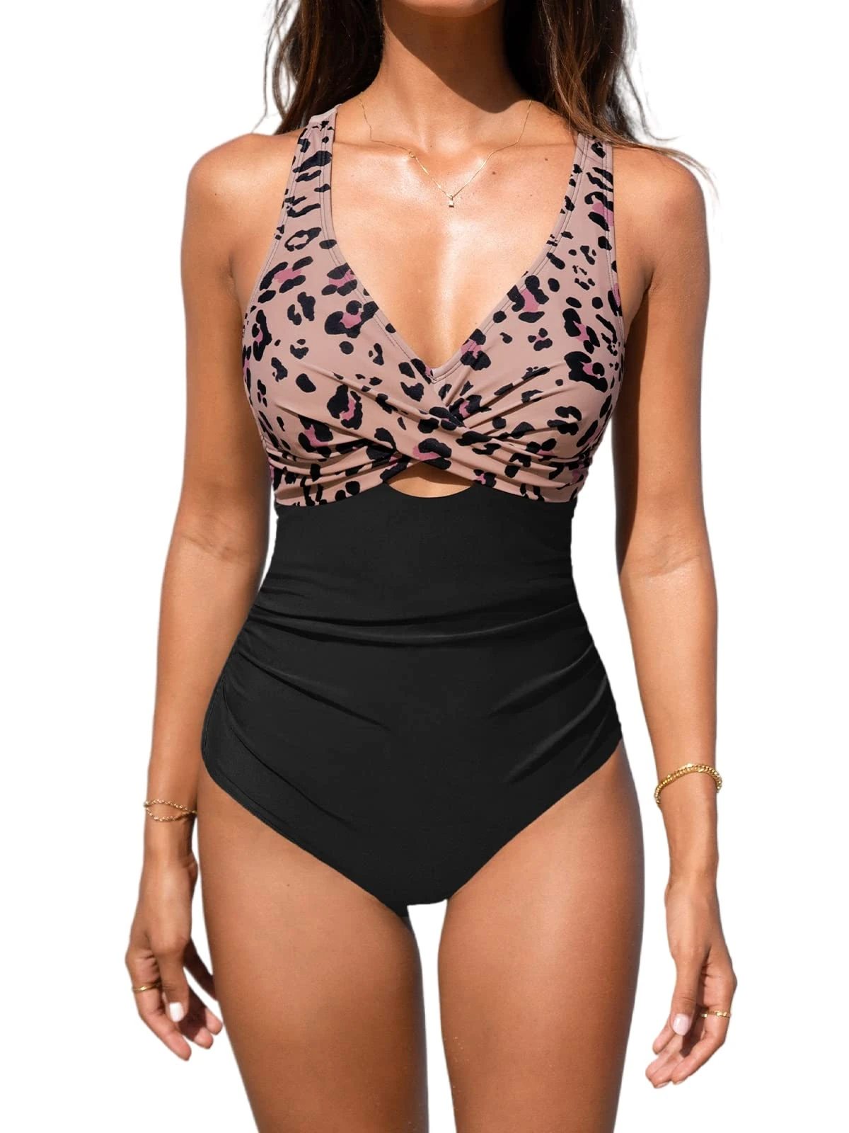 CUPSHE Women Swimsuit One Piece Wrap Ruched Tummy Control Swimwear Push Up V Neck Crisscross Back High Waisted Swimming Costume Black/Leopard S