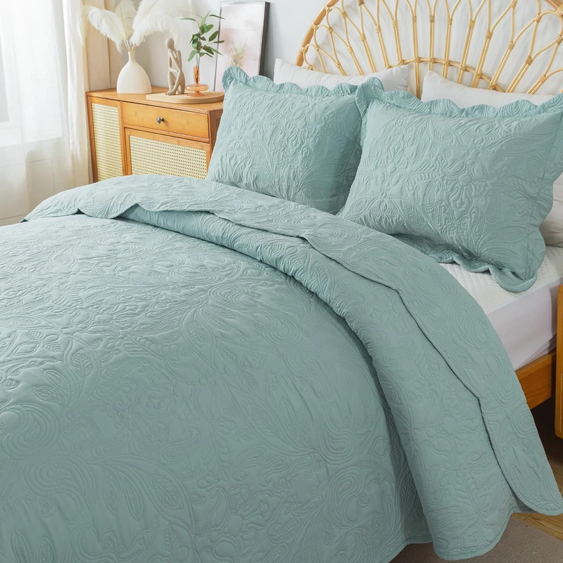 HoneiLife Quilt Set Queen Size - 3 Piece Queen Quilt Bedding Set Microfiber Quilt Sets Lightweight Bedspreads Reversible Coverlets Retro Bed Cover Floral Bedding Set All Season Quilts-Sage Green