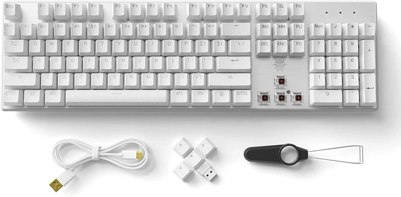 Hexgears G5 Mechanical Keyboard,America keyboard,2.4Ghz/Wired 2-Mode 104 Keys with Kaihl Box Switch,Ergonomic Keyboard,100% Full-Size, Blue LED Backlit, Windows and Mac OS Compatible(White)