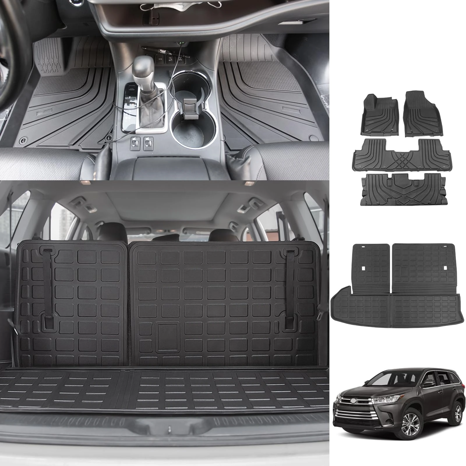 powoq Fit 2014-2019 Toyota Highlander 7 Seats TPE Floor Mats Trunk Mat All-Weather Protection Cargo Liner for 2014 2015 2016 2017 2018 2019 Toyota Highlander Accessories (Floor Mats+Rear Trunk Mat)
