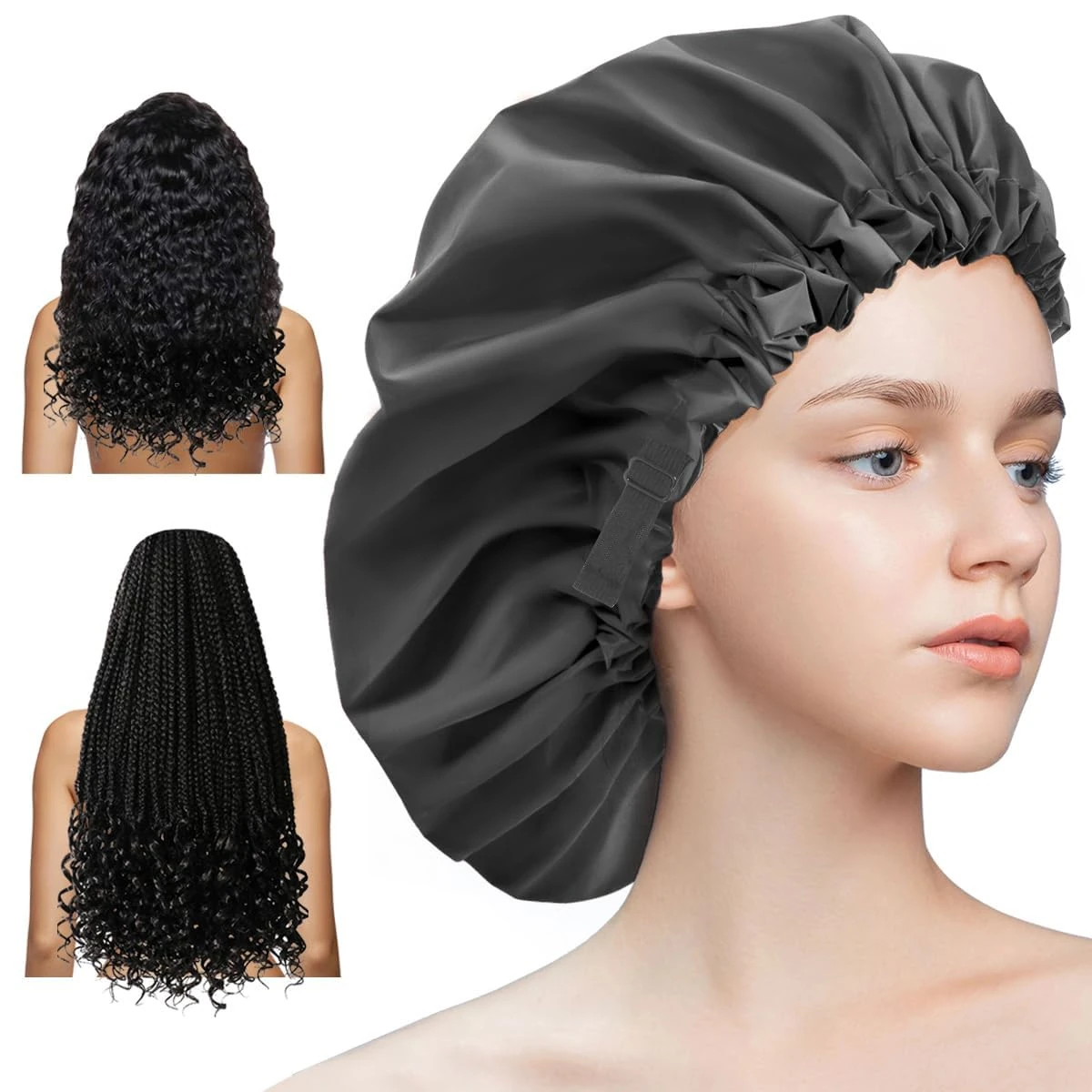 Aquior Extra Adjustable Double-Layer Waterproof Reusable Shower Cap, Large Size for All Hair, Girls Spa Bath, Soft and Comfortable