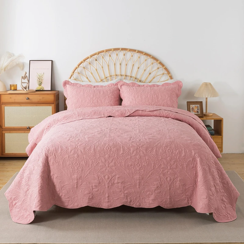 HoneiLife Quilt Sets King Size - 3 Piece Microfiber Quilt Set Lightweight Bedspreads Reversible Coverlets Rustic Bed Cover King Quilt Bedding Set All Season Quilts-Pink