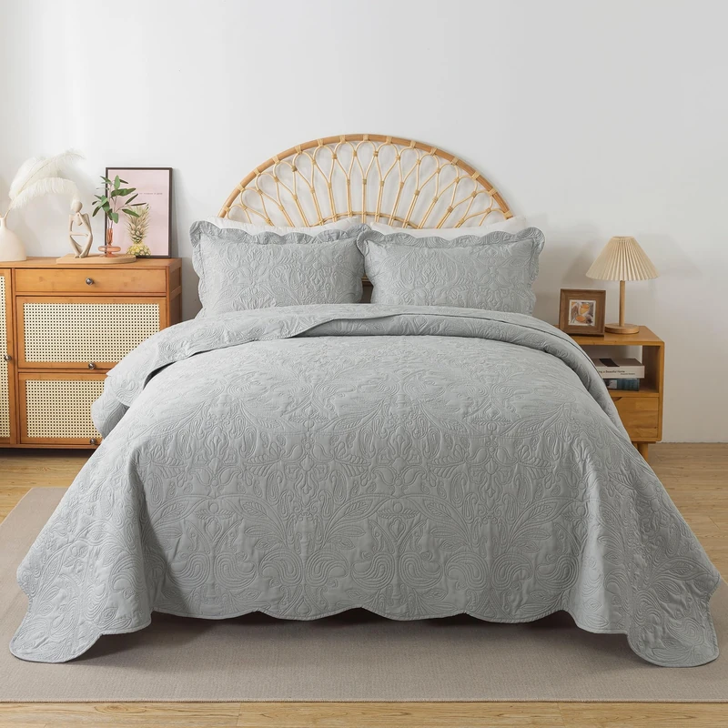 HoneiLife Quilt Set Queen Size - 3 Piece Queen Quilt Bedding Set Microfiber Quilt Sets Lightweight Bedspreads Reversible Coverlets Retro Bed Cover Floral Bedding Set All Season Quilts-Light Grey