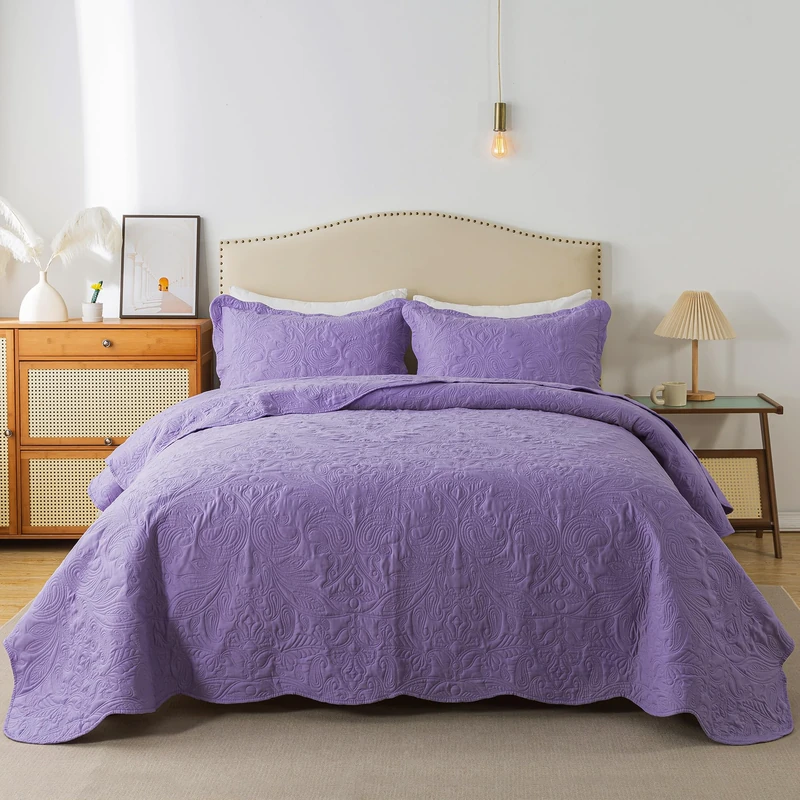 HoneiLife Queen Quilt Bedding Set - 3 Piece Microfiber Quilt Sets Lightweight Bedspreads Reversible Coverlets Rustic Bed Cover Floral Bedding Set All Season Quilts-Purple