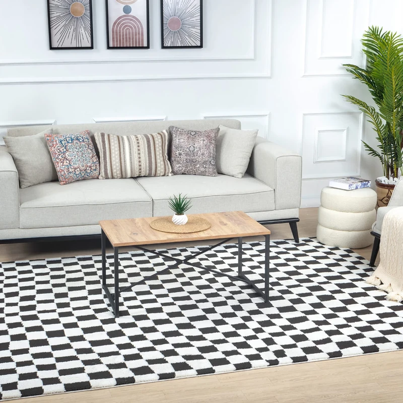 Livabliss Pula Geometric Rug - Scandi Area Rugs Living Room 200x275 cm, Dining, Kitchen - Neutral, Abstract Patterned Rugs, Boho Style, Easy Care Pile - Large Rug, Black and White