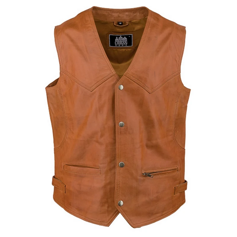 URBAN 5884 Men's Billie Style Motorcycle Comfortable Ovine Leather Biker Vest with Button Closure, Cognac, S