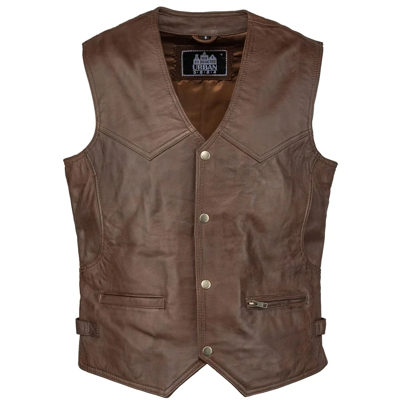 URBAN 5884 Men's Billie Style Motorcycle Comfortable Ovine Leather Biker Vest with Button Closure, Brown, XXXXXL