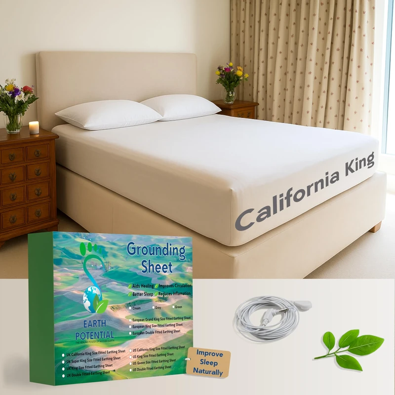 Earth Potential California King Size Grounding Sheet - Earthing Sheet for Healing Sleep & Wellbeing - c/w 15 ft Bed Grounding Cord - White, Gray, Green