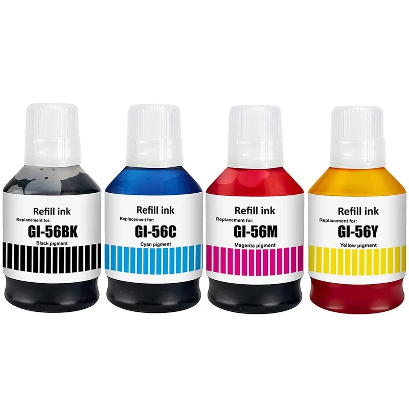 Black Bottled Ink GI56 GI-56 / Cyan Bottled Ink GI56 GI-56 / Magenta Bottled Ink GI56 GI-56 / Yellow Bottled Ink GI56 GI-56, Work for Canon MAXIFY GX7050/GX6050/GX5050/GX4050/GX3050 (4 Packs)