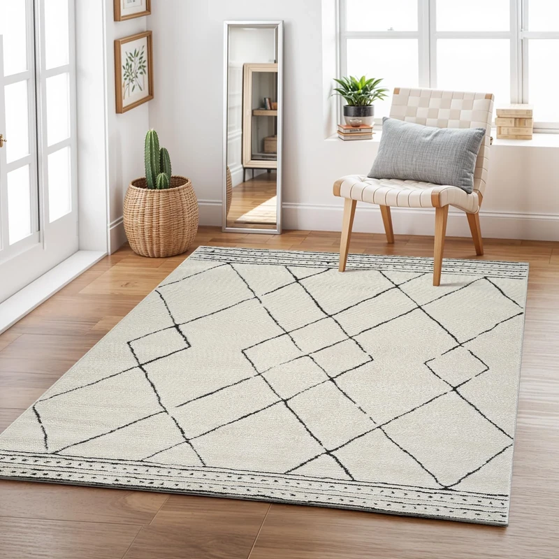 Livabliss Linkka Geometric Rug - Scandi Area Rugs Living Room 200x275 cm, Dining, Kitchen - Neutral, Abstract Patterned Rugs, Boho Style, Easy Care Pile - Large Rug, Black and Cream