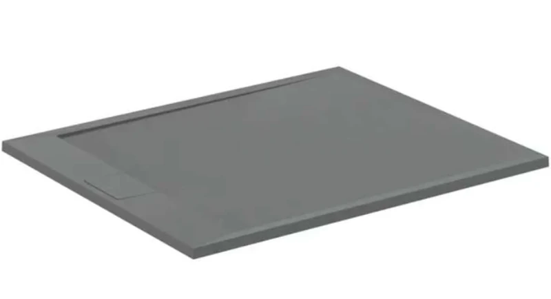 Ideal Standard - Ultra Flat S i.Life, Rectangular Shower Tray 120x100 in Resin, Short Side Drain Waste, Stone Effect matt Finish, Concrete Grey