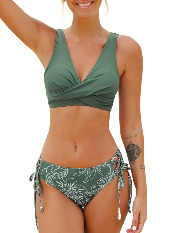 CUPSHE Women's Bikini Set Twist Front Tie Side Bikini Swimsuit Two Piece Swimwear Bathing Suits Dark Green M