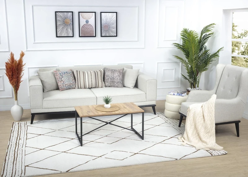 Livabliss Linkka Geometric Rug - Scandi Area Rugs Living Room 160x213 cm, Dining, Kitchen - Neutral, Abstract Patterned Rugs, Boho Style, Easy Care Pile - Large Rug, Cream, Orange, Brown