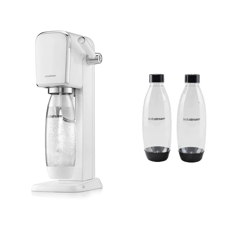 SodaStream Art Sparkling Water Maker Machine- White + 2 Pack 1L BPA Free Water Bottle for Carbonated Drinks
