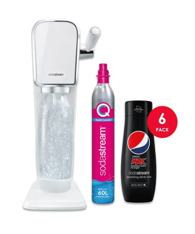 SodaStream Art Sparkling Water Maker Machine- White + Set of 6 x Pepsi Max concentrates, Sugar-Free