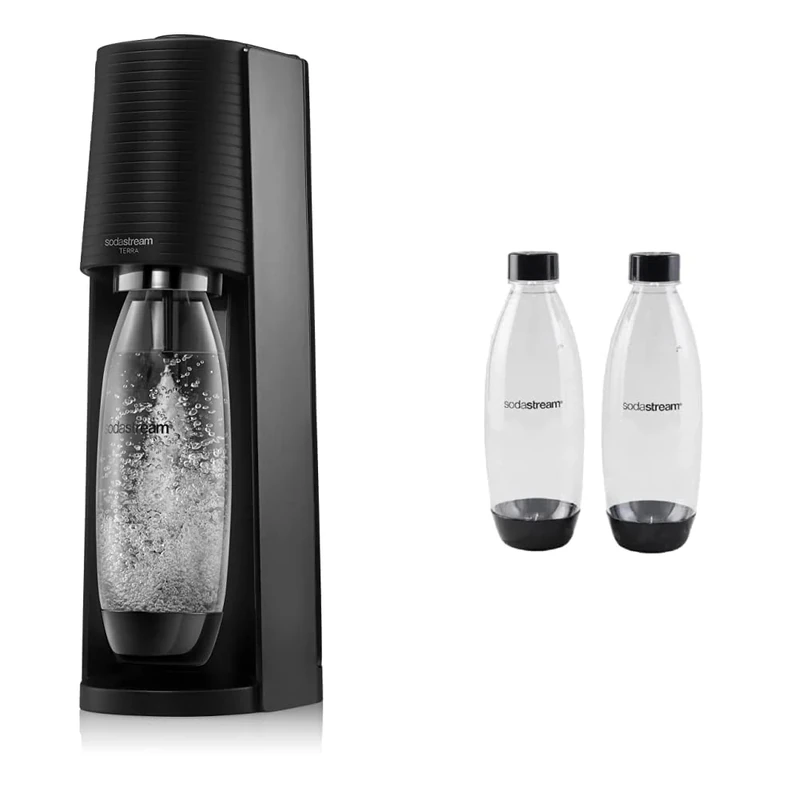 Sodastream Terra Sparkling Water Maker Machine - Black + 2 Pack 1L BPA Free Water Bottle for Carbonated Drinks