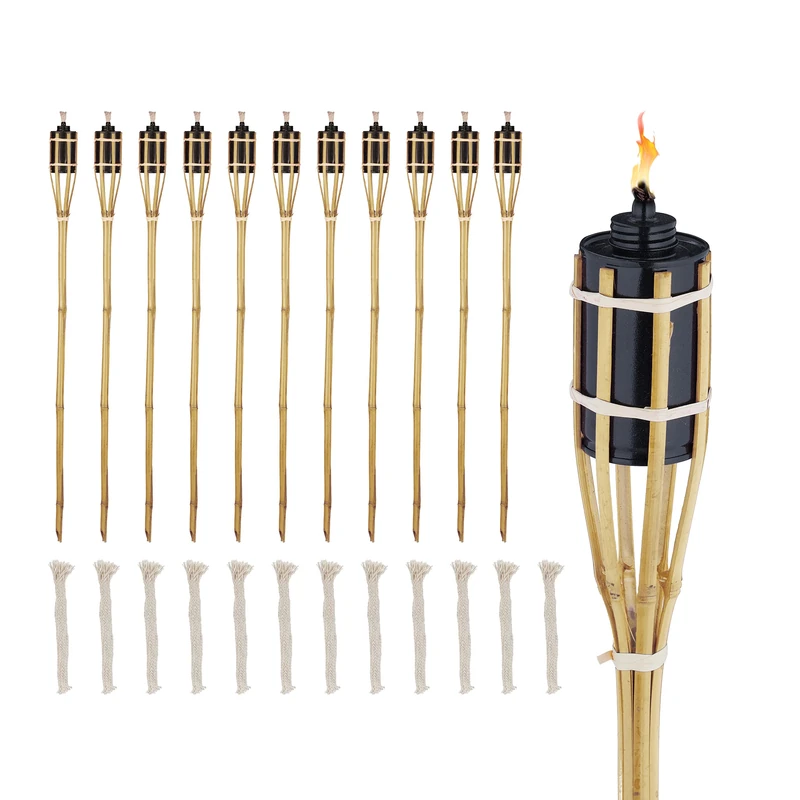 Relaxdays Set of 12 Garden Oil Torches, with Replacable Wicks, Bamboo & Iron, Outdoor Party Flares, HxØ: 90x6cm, Natural