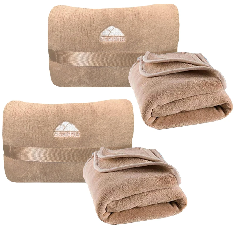 BlueHills 2-Pack Mini Premium Soft Plush Travel Blanket Pillow Airplane Essentials for Two in Bag Flight Traveling Warm Portable Plane Blankets Beige - M26 - Image 1