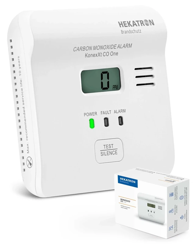 Hekatron KonexXt CO One Carbon Monoxide Detector 10 Year Battery CO Detector with Clear Display and Test Alarm Button, Easy Installation