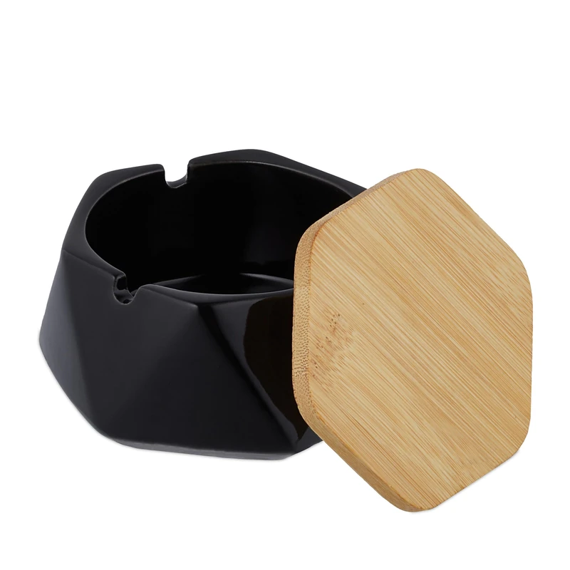Relaxdays Ashtray with Lid, Ceramic, Outdoors, Indoors, W x D: 11.5 x 10.5 cm, Windproof, Stylish, Modern, Black/Natural, 6 x 11.5 x 10.5 cm