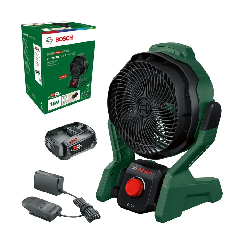 Bosch Cordless Portable Fan UniversalFan 18V-1000 (1x 2.0Ah Battery; 18 Volt System; for DIY, Camping and More; Air Flow Volume: 1,000 m³/h; in Carton Packaging)