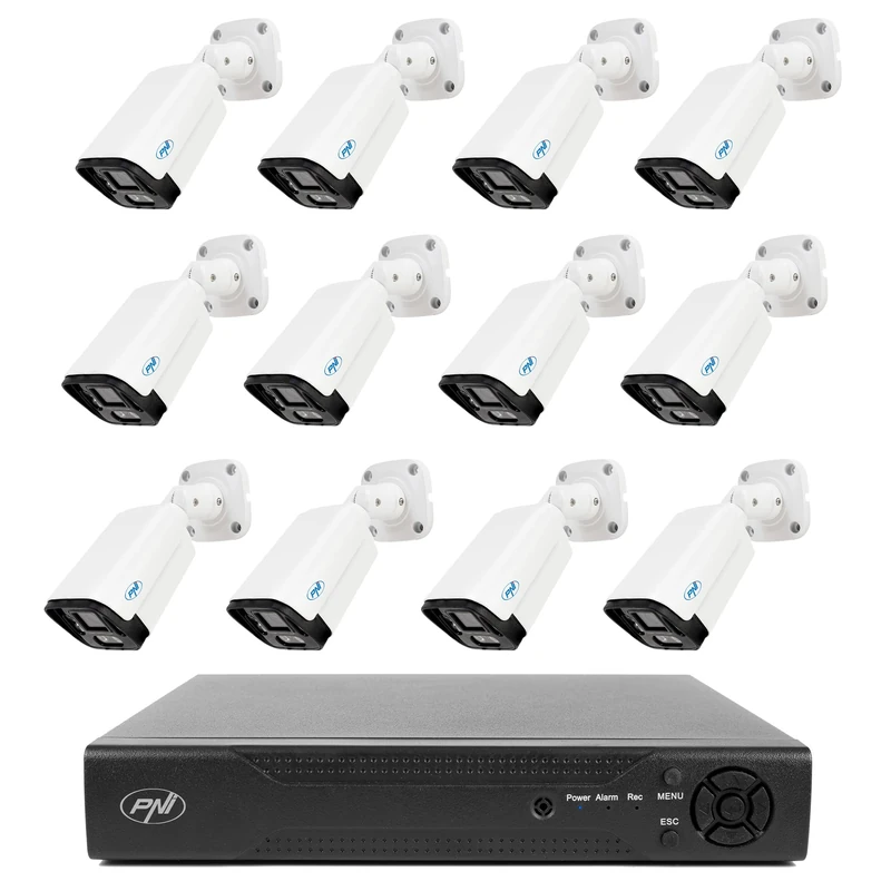 PNI NVR House IP716 video surveillance package, 16 channels 4K, H.265, 12 IP125 cameras with 5MP, IP6