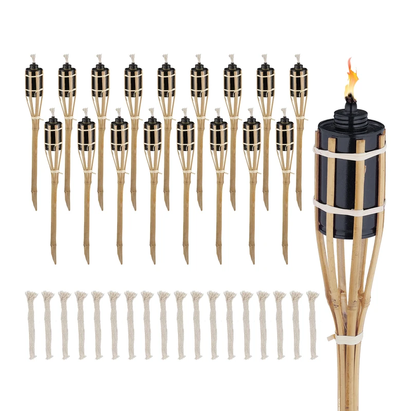 Relaxdays Set of 18 Garden Oil Torches, with Replacable Wicks, Bamboo & Iron, Outdoor Party Flares, HxØ: 50x6cm, Natural