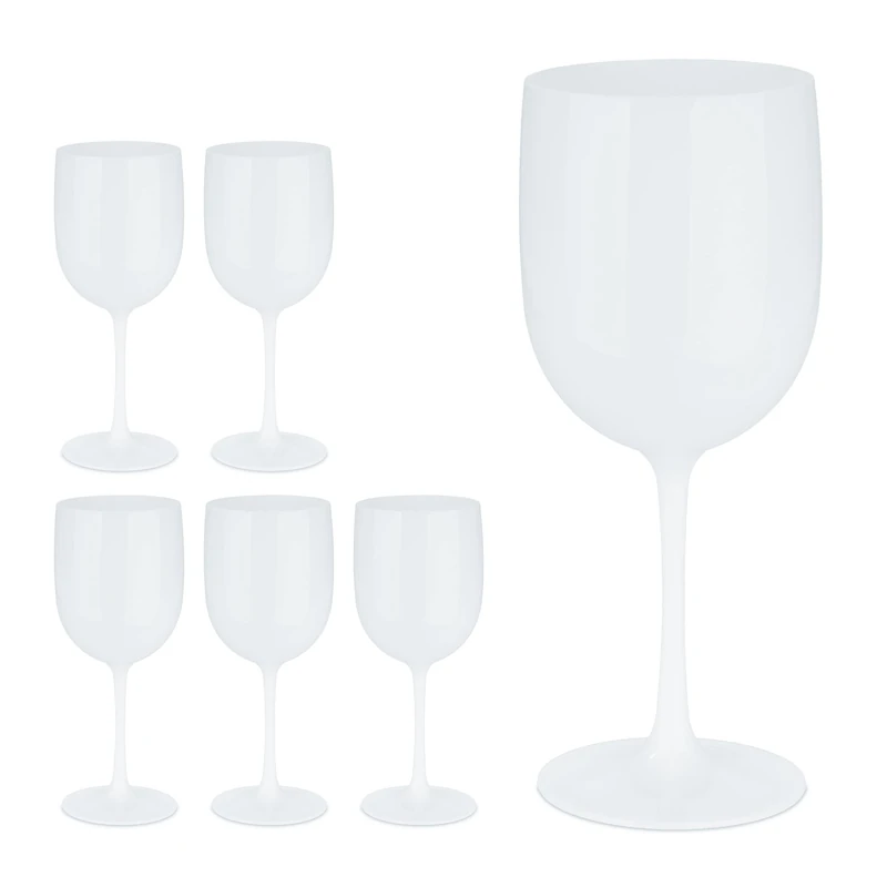 Relaxdays, Plastic Wine Glasses, Set of 6, Shatterproof, BPA Free, 400 ml, Reusable, Cups for Camping & Parties, White