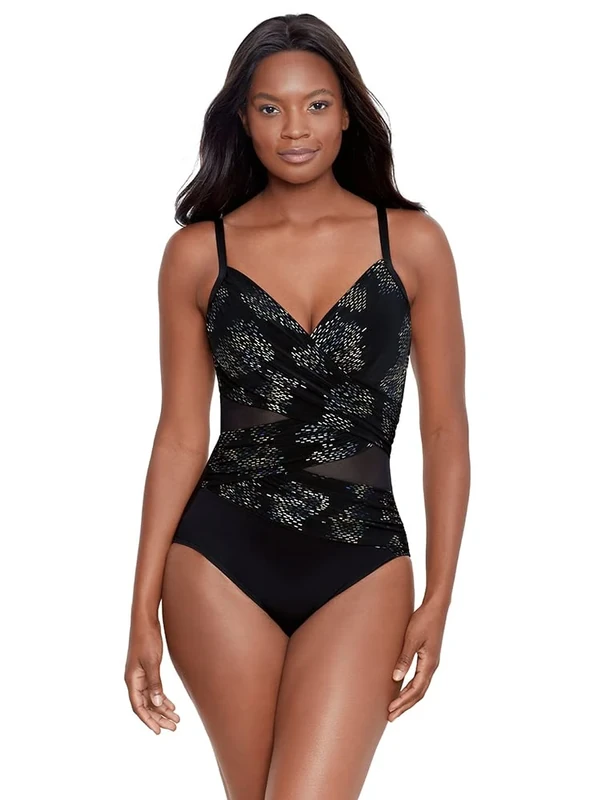 Miraclesuit Women's Swimwear Network Mystique Underwire Tummy Control One Piece Swimsuit, Iridium Black/Multi, 10