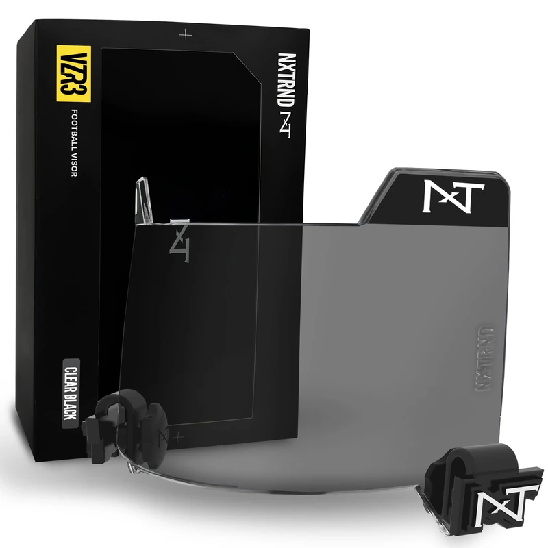 Nxtrnd VZR3 Curved Football Visor, Professional Football Helmet Visor, Shield Fits Youth Football Helmets & Adult Football Helmets, Includes Visor Clips, Decal Pack, & Cleaning Cloth (Clear Black)