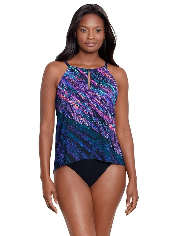 Miraclesuit Women's Swimwear Peephole High Neckline Soft Cup Tankini Bathing Suit Top, Mood Ring Multi, 12