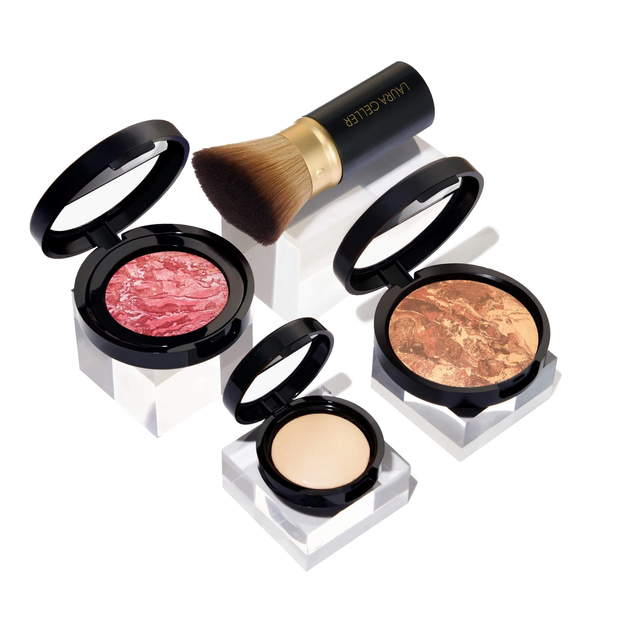 LAURA GELLER Daily Routine Kit: Baked Balance-n-Brighten Foundation, Deep + Blush-n-Brighten, Tropic Hues + Baked Highlighter, French Vanilla + Retractable Kabuki Brush