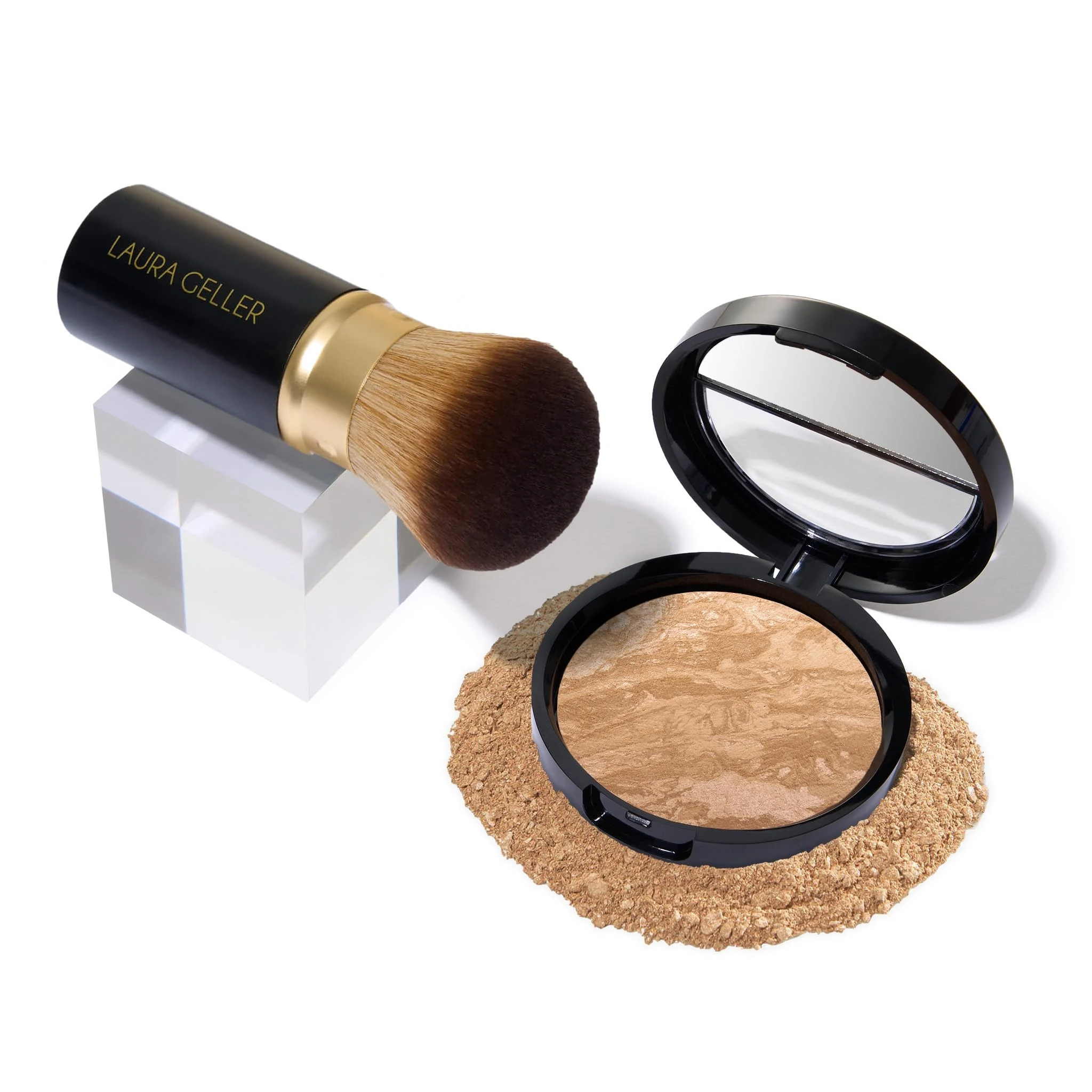 LAURA GELLER NEW YORK Get Glowing Kit (2pc): Baked Balance-n-Glow Illuminating Powder Foundation, Golden Medium + Airbrush Kabuki Makeup Brush
