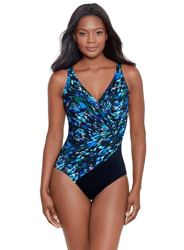 Miraclesuit Women's Swimwear Sophisticat Oceanus V-Neck Soft Cup One Piece Swimsuit, Multi, 16, Sophisticat Multi, 16